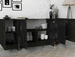 Aparador Com 4 Portas, Efeito Marmore Preto, Natural Escuro E Dourado - Cadeba Ii