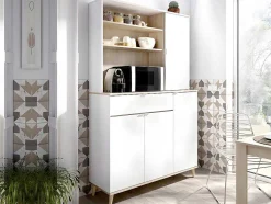 Aparador De Cozinha Com 4 Portas, 1 Gaveta E 3 Nichos Cor Branco E Carvalho - Wajdi