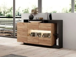 Aparador De 3 Portas E 3 Nichos Com Leds Cor Natural E Antracite - Idesia