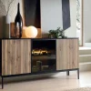 Aparador 3 Portas Com Leds Em Mdf E Vidro Fumado Preto E Natural - Ovila