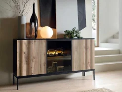 Aparador 3 Portas Com Leds Em Mdf E Vidro Fumado Preto E Natural - Ovila
