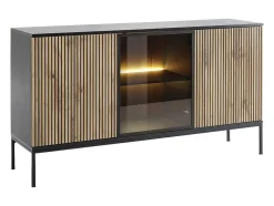 Aparador 3 Portas Com Leds Em Mdf E Vidro Fumado Preto E Natural - Ovila