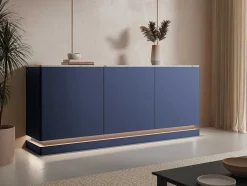 Aparador 3 Portas Com Leds Em Mdf Azul E Efeito Marmore Branco - Devika De Pascal Morabito
