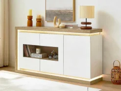 Aparador 3 Portas E 1 Nicho Com Leds Em Mdf E Vidro Temperado Natural E Lacado A Branco - Flarancia
