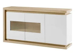 Aparador 3 Portas E 1 Nicho Com Leds Em Mdf E Vidro Temperado Natural E Lacado A Branco - Flarancia