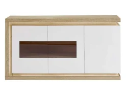 Aparador 3 Portas E 1 Nicho Com Leds Em Mdf E Vidro Temperado Natural E Lacado A Branco - Flarancia