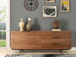 Aparador Tayron 200 Cm - 2 Portas E 3 Gavetas - Mdf E Pés De Metal - Cor De Noz