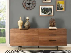 Aparador Tayron 200 Cm - 2 Portas E 3 Gavetas - Mdf E Pés De Metal - Cor De Noz