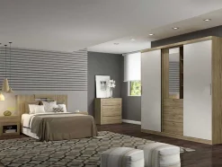 Armário Bodil - Portas Deslizantes - Espelho E Gavetas - C240 Cm - Carvalho E Marfim
