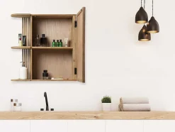 Armário De Parede Para Casa De Banho Em Teca Com Espelho E Nichos Cor Natural - Cimahi