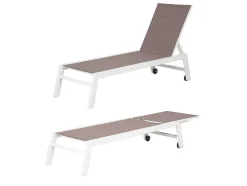 Barbados Espreguiçadeira E Mesa De Cabeceira Em Taupe Têxtilene - Aluminio Branco