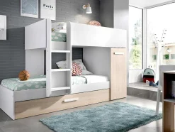 Beliche Com Gaveta Cama Dupla E Com Espacos De Arrumação 3X90X190 Cm Cor Branco E Natural - Anthony