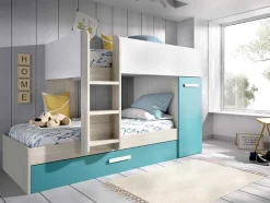 Beliche Com Gaveta Cama Dupla E Com Espacos De Arrumação 3X90X190 Cm Cor Branco, Natural E Azul - Anthony