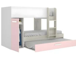 Beliche Com Gaveta Cama Dupla E Com Espacos De Arrumação 3X90X190 Cm Cor Branco, Natural E Rosa - Anthony
