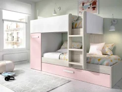 Beliche Com Gaveta Cama Dupla E Com Espacos De Arrumação 3X90X190 Cm Cor Branco, Natural E Rosa - Anthony