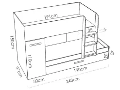 Beliche Com Gaveta Cama Dupla E Com Espacos De Arrumação 3X90X190 Cm Cor Antracite E Branco + Colchões - Anthony