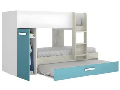 Beliche Com Gaveta Cama Dupla E Com Espacos De Arrumação 3X90X190 Cm Cor Branco, Natural E Azul + Colchões - Anthony