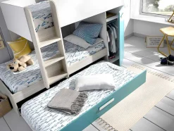 Beliche Com Gaveta Cama Dupla E Com Espacos De Arrumação 3X90X190 Cm Cor Branco, Natural E Azul + Colchões - Anthony
