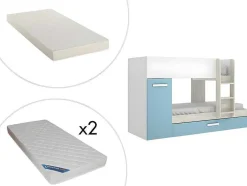 Beliche Com Gaveta Cama Dupla E Com Espacos De Arrumação 3X90X190 Cm Cor Branco, Natural E Azul + Colchões - Anthony
