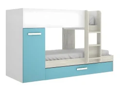 Beliche Com Gaveta Cama Dupla E Com Espacos De Arrumação 3X90X190 Cm Cor Branco, Natural E Azul + Colchões - Anthony