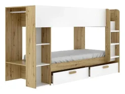 Beliche 2X90X200 Cm Com Espacos De Arrumação E Barra De Pendurados Branco E Natural - Ozana