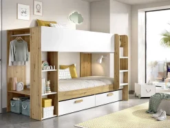 Beliche 2X90X200 Cm Com Espacos De Arrumação E Barra De Pendurados Branco E Natural - Ozana