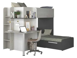 Beliche 2 X 90 X 190 Cm Com Secretária Cinzento, Branco E Preto + Colchão - Samuel
