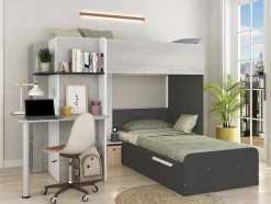 Beliche 2 X 90 X 190 Cm Com Secretária Cinzento, Branco E Preto + Colchão - Samuel
