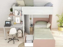 Beliche 2 X 90 X 190 Cm, Com Secretária, Cinzento, Branco E Cor-De-Rosa - Samuel