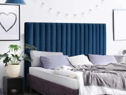 Cabeceira De Cama Com Costuras Verticais De 160 Cm Em Veludo Cor Azul-Escuro - Sarah