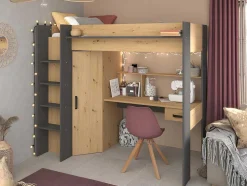 Cama Alta Com Secretária E Armário De 90 X 200 Cm Cor Carvalho E Antracite - Auckland