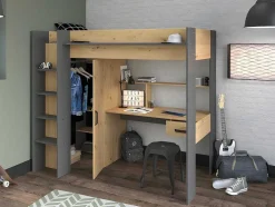 Cama Alta Com Secretária E Armário De 90 X 200 Cm Cor Carvalho E Antracite - Auckland