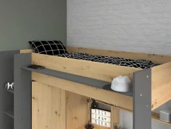 Cama Alta Com Secretária E Armário De 90 X 200 Cm Cor Carvalho E Antracite + Colchão - Auckland
