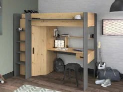 Cama Alta Com Secretária E Armário De 90 X 200 Cm Cor Carvalho E Antracite + Colchão - Auckland