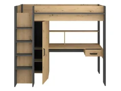 Cama Alta Com Secretária E Armário De 90 X 200 Cm Cor Carvalho E Antracite + Colchão - Auckland