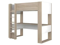 Cama Alta Com Secretária E Espacos De Arrumação Integrados 90 X 200 Cm Carvalho E Branco + Colchão - Noah Ii