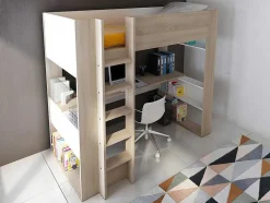 Cama Alta Com Secretária E Espacos De Arrumação Integrados 90 X 200 Cm Carvalho E Branco + Colchão - Noah Ii