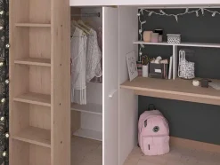 Cama Alta Com Secretária E Guarda-Roupa 90 X 200 Cm Cor Branco E Natural + Colchão - Auckland