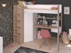 Cama Alta Com Secretária E Guarda-Roupa 90 X 200 Cm Cor Branco E Natural + Colchão - Auckland