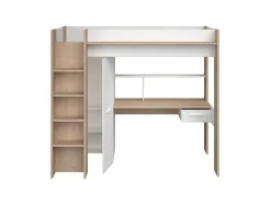 Cama Alta Com Secretária E Guarda-Roupa 90 X 200 Cm Cor Branco E Natural + Colchão - Auckland