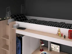 Cama Alta Com Secretária E Guarda-Roupa 90 X 200 Cm Cor Branco E Natural - Auckland