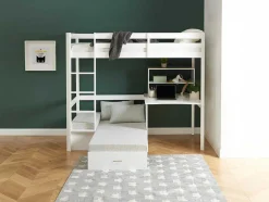 Cama Alta Com Secretária, Sofá Convertivel E Espacos De Arrumação De 90 X 200 Cm Em Pinho Macico Cor Esbranquicado - Goliath Iii