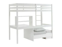 Cama Alta Com Secretária, Sofá Convertivel E Espacos De Arrumação De 90 X 200 Cm Em Pinho Macico Cor Esbranquicado - Goliath Iii
