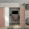 Cama Alta De 90 X 200 Cm Com Guarda-Roupa E Secretária Cor-De-Rosa E Branco - Nicolas