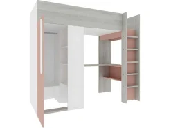 Cama Alta De 90 X 200 Cm Com Guarda-Roupa E Secretária Cor-De-Rosa E Branco - Nicolas