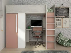 Cama Alta De 90 X 200 Cm Com Guarda-Roupa E Secretária Cor-De-Rosa E Branco + Colchão - Nicolas