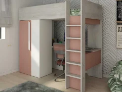 Cama Alta De 90 X 200 Cm Com Guarda-Roupa E Secretária Cor-De-Rosa E Branco + Colchão - Nicolas