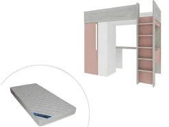 Cama Alta De 90 X 200 Cm Com Guarda-Roupa E Secretária Cor-De-Rosa E Branco + Colchão - Nicolas