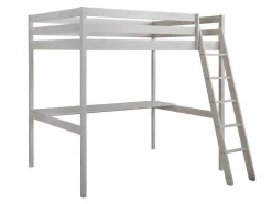 Cama Alta De 140 X 190 Cm Com Secretária Em Pinho Macico Esbranquicado + Colchão - Gedeon Ii