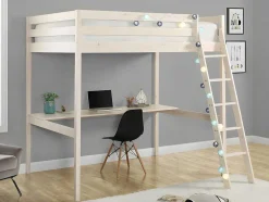 Cama Alta De 140 X 190 Cm Com Secretária Em Pinho Macico Esbranquicado + Colchão - Gedeon Ii